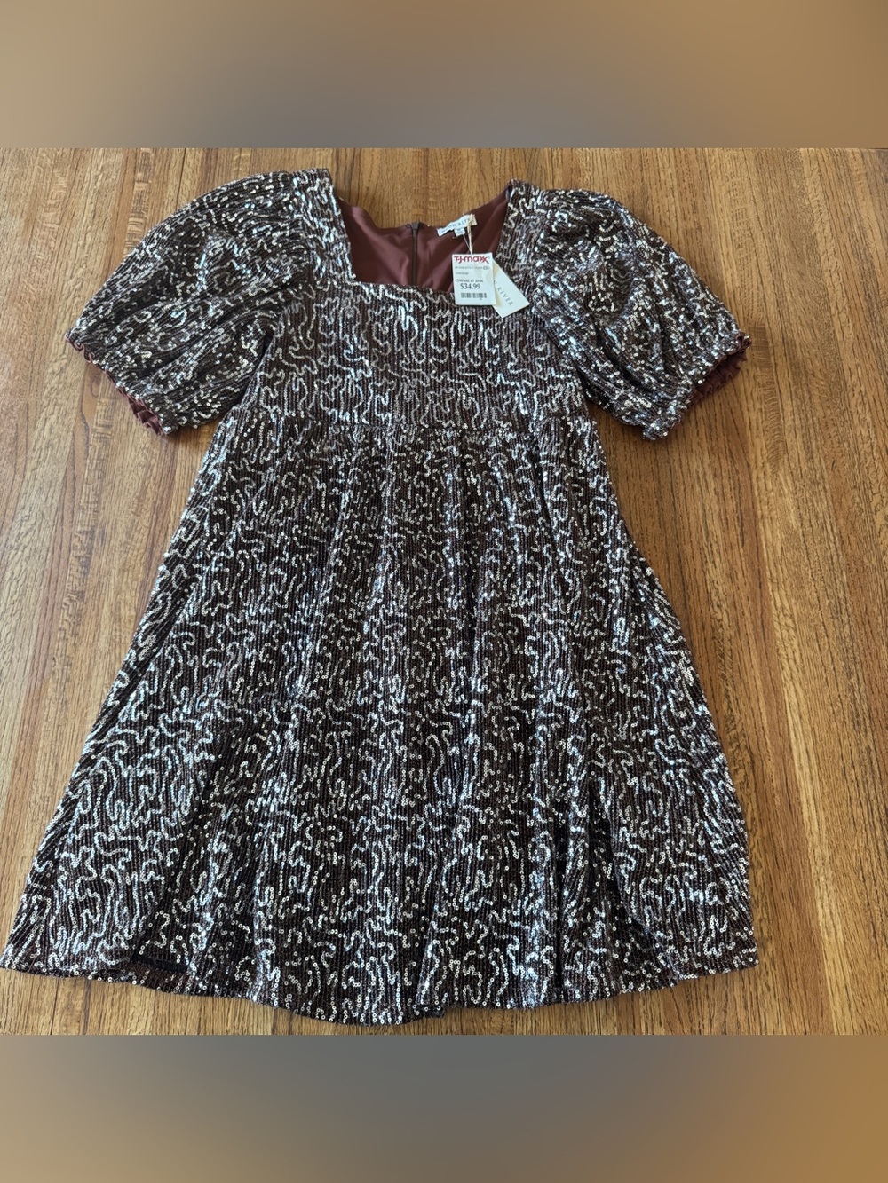 NWT Moon River Sequin Puff Sleeve Square Neck Mini Dress Size Medium Brown
